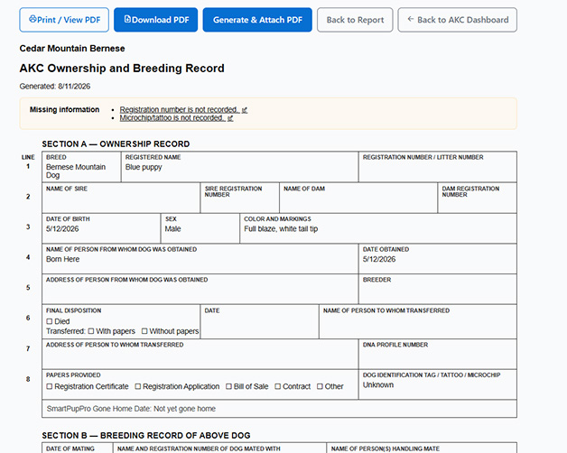 AKC ownership record example